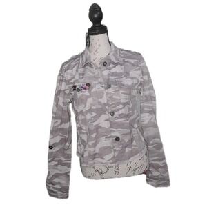 BKE Outerwear Womens Medium Camo Jean Jacket Gray White 100%‎ Cotton Distressed